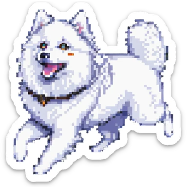 A pixel art Samoyed dog, running, facing forward, white fur, black eyes, dynamic pose, simple background. sticker