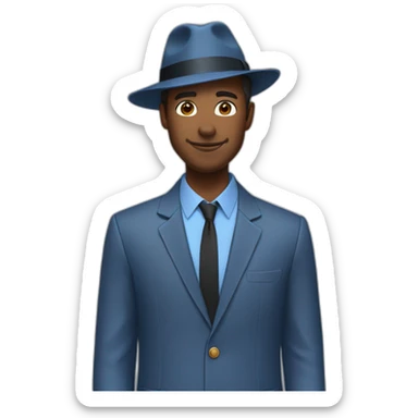 Man in blue button down shirt, blazer, fedora sticker