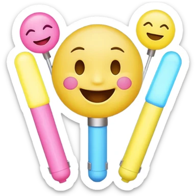 An excited yellow emoji face with closed smiling eyes and blushing cheeks, cheering enthusiastically while holding up two glow sticks (one blue, one pink). It represents high energy, fandom, and celebration. sticker