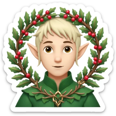 Fantasy elf portrait emoji, winter forest wreath made of pine branches and berries, elven ears visible, calm elegant expression, clean simple design, soft winter colors, flat emoji style, high readability, male variant
 sticker