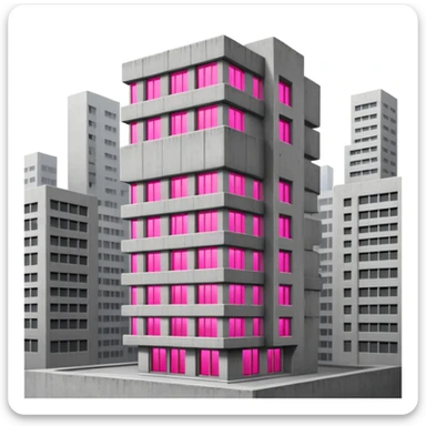 Tall gray brutalist concrete tower with one bright pink window among many regular gray windows sticker