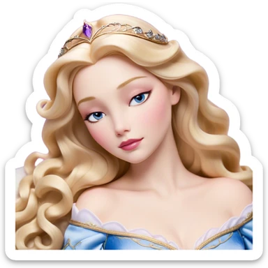Cinematic Realistic Sleeping Beauty (Aurora) Portrait, with porcelain-like skin featuring a natural rosy flush, illuminated by soft lighting that highlights the gentle contours of her face. Her golden blonde hair flows in soft, detailed waves with subtle highlights that shimmer in the light. Her deep violet-blue eyes radiate warmth and innocence, framed by arched brows and long lashes. Her serene expression exudes quiet elegance. She is dressed in her classic pink gown, the fabric rich in texture with delicate folds that catch the light. A golden crown rests atop her head, gleaming with royal refinement. The portrait captures a soft, glowing aura, blending realism with an ethereal sense of beauty and timeless enchantment. sticker