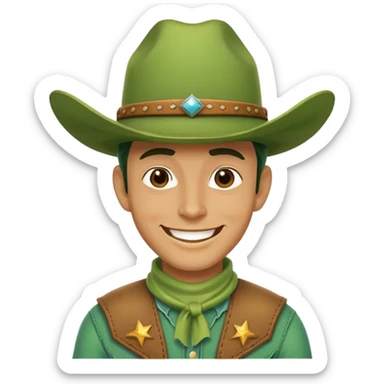 A green cowboy, smiling face with a cowboy hat and green skin sticker