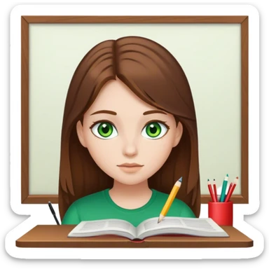 girl with brown hair and green eyes, white skin, studying sticker