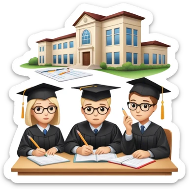 A student with glasses thinking hard 🤔👓, a checklist with a pencil ✅✏️, a family discussing at the dinner table 🍽️🗣️, and a university building with a graduation cap 🎓🏛️ sticker
