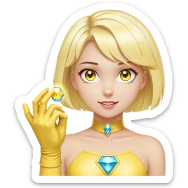 A girl thats in a superhero outfit , she has bob blond hair and has pastel yellow gloves with a gemstone stuck to the back of her hand, her eyes glowing yellow while her hand has light of joy coming from it sticker