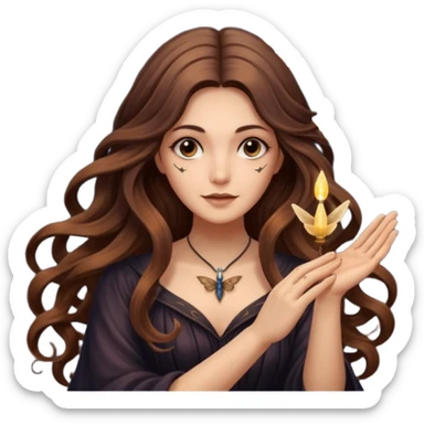 night witch woman long wavy brown hair tattoos spinning moth from fingers sticker