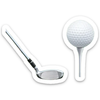 A golf ball on a tee with a golf club placed beside it, set against the backdrop of a well-manicured green golf course. The scene emphasizes the equipment and serene atmosphere of the sport, with soft lighting and a peaceful, open landscape sticker