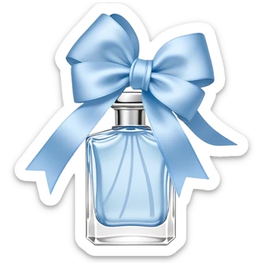 On a background of textured ivory lace, a delicate frosted glass perfume bottle sits at the center, adorned with a pale blue satin ribbon, tied into an elegant bow. The soft translucency of the bottle hints at the floral notes hidden within, while a cluster of white and sky-blue pansies rests beside it, their velvety petals curling slightly at the edges. The light reflects gently off the intricate patterns in the lace, creating an ethereal interplay of textures and shadows, enhancing the dreamy, vintage aesthetic. sticker