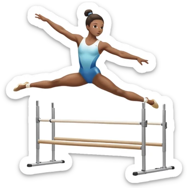 Professional gymnast performing a complex routine on parallel bars, demonstrating strength, control, and perfect balance. The gymnast is mid-air, executing a powerful move with focused concentration. The background shows a brightly lit gymnasium with a cheering audience. sticker