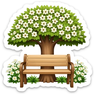 beautiful bench against the background of a tree with blooming white flowers sticker