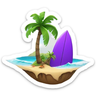 small island in the middle of the ocean with palm tree and purple cartoon Surfer sitting next to it with surfboard siting next to the palm tree sticker