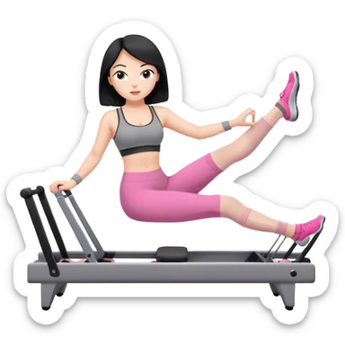 Create a Pilates emoji: a girl with fair skin and black hair, wearing a grey bra and leggings with pink socks, exercising on a pilates reformer and not looking at the camera sticker