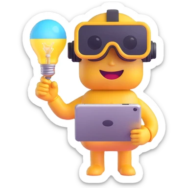 cute 3D glossy emoji character representing a New Media Education Pioneer, holding a digital tablet, wearing VR goggles, lightbulb above head symbolizing new ideas, expressive eyes full of curiosity, modern minimal design sticker