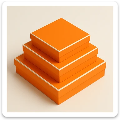 3D style stack of orange Hermès boxes, all same square shape and proportions as reference, different sizes, minimal, no logo, on white or transparent background sticker