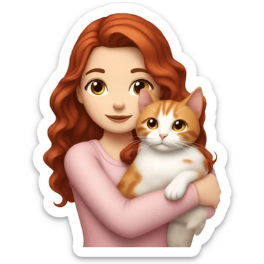 white girl with long very dark red wavy hair and dark brown eyes and light pink outfit hugging a white & ginger cat  sticker
