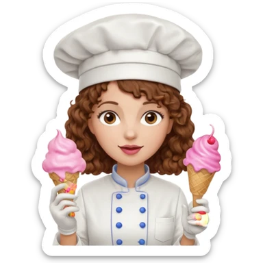 woman brown curly hair, chef, eating pink ice cream sticker
