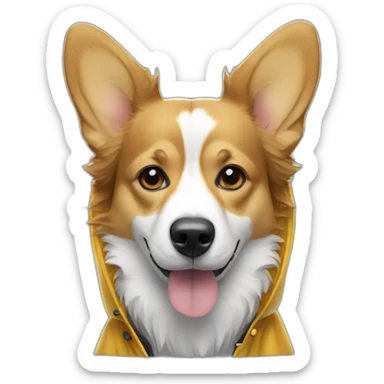 corgi mixed with a border collie wearing a rain coat looking sad sticker