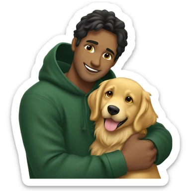 Light skin smiling indian guy with black middle part hairstyle wearing dark green hoodie hugging a golden retriever sticker