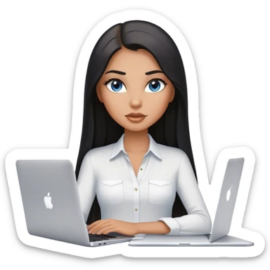 Glamours tanned very beautiful girl with pump nude lips and black straight smooth long hair, blue-grey eyes in white shirt with MacBook. sticker