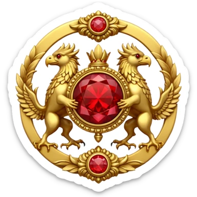 Golden griffin crest / brosch in a circle with two red gems and no background sticker