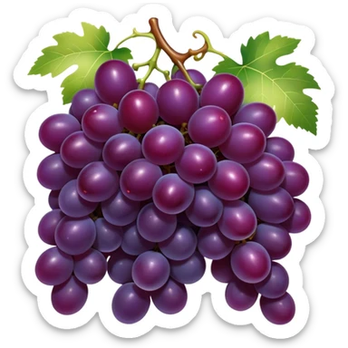 Cinematic Realistic Grapes Emoji, Clustered together in rich purple hues, with smooth, plump skins reflecting light in a glossy, delicate sheen. The stems curve slightly, holding the clusters together like a sweet, natural treasure. Soft glowing outline, capturing the essence of natural sweetness and richness in a bunch of ripe grapes! sticker
