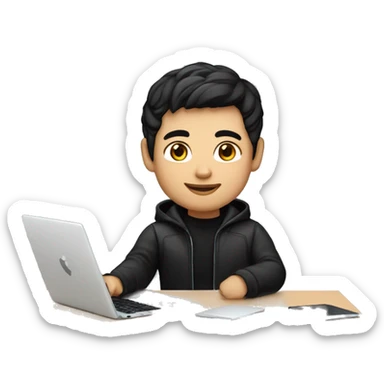 memoji of a man with a laptop in front, apple-style, fair white skintone, black jacket or hoodie,modern,black hair,black sweater,computer in hand,sitting on his desk sticker