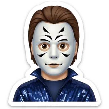 Michael Myers with white mask with brown hair, dark indigo sequin outfit  sticker