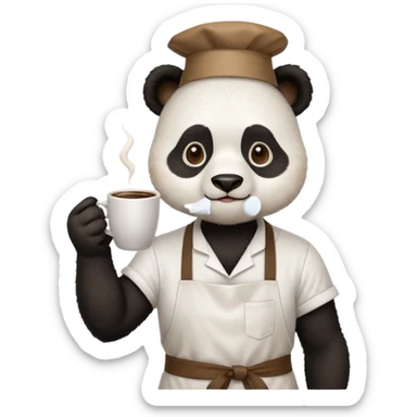 barista panda, wearing apron, holding coffee sticker
