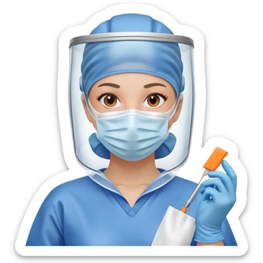 A meticulous cleanroom worker dressed in full protective gear, including a blue sterile suit, a face mask, a hairnet, and orange gloves.  wipe  in her hand. sticker
