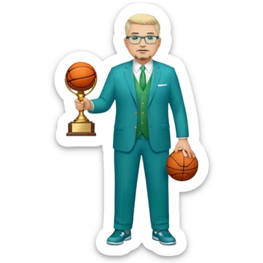 Full Body white fat male  wearing glasses with a goatee with light blonde gray very short hair basketball head Coach in blue and green suit holding trophy sticker
