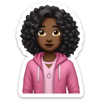 people that look aesthetic cutesy vibes and pink with black long voluminous curly hair. they have dark features and pink clothes sticker