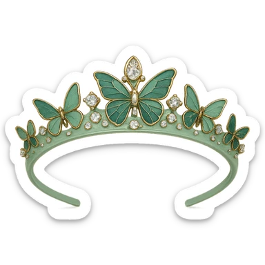butterfly crown with a pastel green base, minimal butterflies in light and dark green enamel, sparkling gems sticker