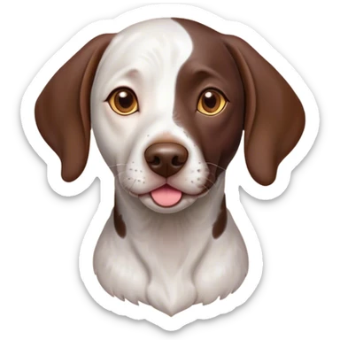 Cinematic Cute German Pointer Portrait Emoji, Head tilted playfully and inquisitively, showcasing a smooth liver and white coat with a healthy sheen, round, sparkling brown eyes filled with curiosity, Simplified yet irresistibly adorable features, highly detailed, glowing with a warm, friendly glow, high shine, affectionate and spirited, stylized with a touch of whimsy, bright and endearing, soft glowing outline, capturing the essence of a mischievous yet loving companion, so playful it feels like it could dash out of the screen and into your arms! sticker
