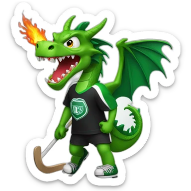 green dragon wearing a black t-shirt playing ice hockey and spitting fire sticker