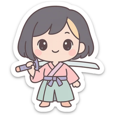 chibi style kawaii samurai girl with short hair and one streak of blonde in her hair, standing confidently, holding sword over shoulder, pastel palette sticker