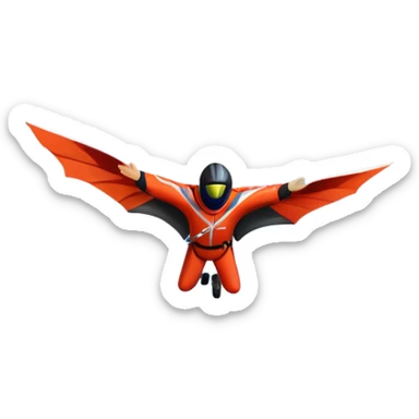 A wingsuit jumper soaring through the air between towering mountains, with the suit spread wide to catch the wind. The background features dramatic cliffs and expansive skies, emphasizing the thrill and freedom of base jumping in a stunning natural landscape. sticker