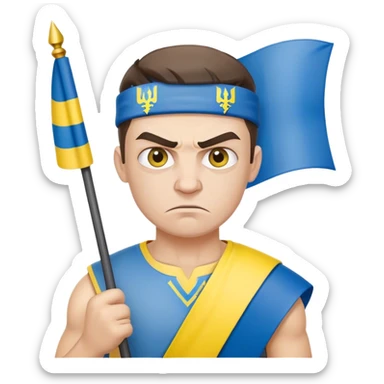 super-realistic angry Ukrainian with ukranian flag sticker
