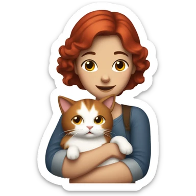 Woman with freckles and brown hair hugging Red and white cat  sticker