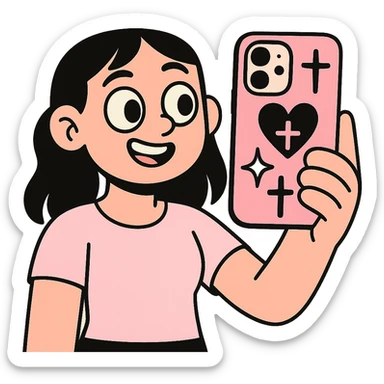 pink and black gothic phone case, big eyes, smiling, playful, cartoonish, gothic symbols sticker