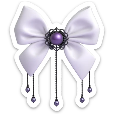 3D emoji gothic bow, white silk, silver spiderweb brooch, black chain fringe, dark pearl details sticker