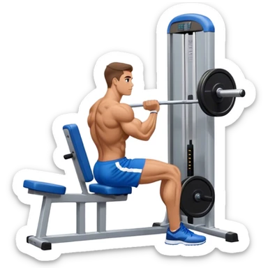 side-view bodybuilder in blue shorts seated weighted calf-raise machine on his tip toes sticker