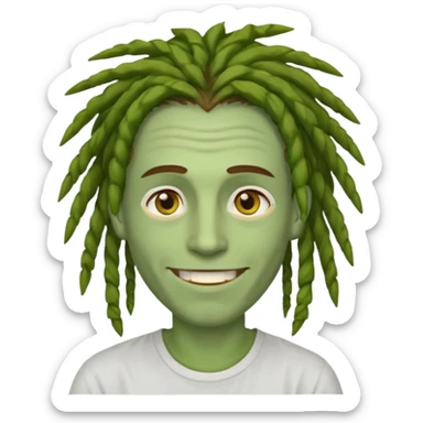 man with brown dreads covering forehead white tee golden eyes light green skin  and white smile sticker