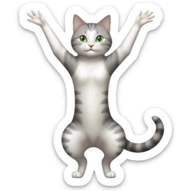 grey and white cat with green eyes doing a big long stretch reaching up into the air with arms and legs side by side together sticker