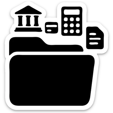 Closed folder icon with small symbols floating around: bank building, credit card, calculator, and document – organized financial archive sticker
