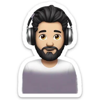 a DJ with white skin, using a headset, horns, straight black hair that is piled up at the front forming a topknot and a gradient beard joining the hair, he is 35 years old. sticker