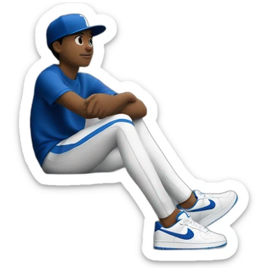 boy, sentado en un banco, con gorra blanco y negro, zapato Nike color negro con azul, deportivo color de piel blanco sticker