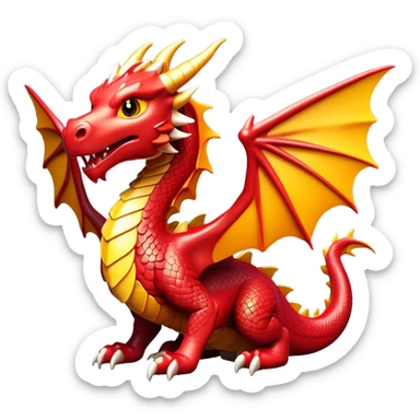 Clash of Clans aesthetic: Cinematic fierce Dragon Emoji, rendered in a 3D vector-style similar to standard emojis with minimal shading and bold, simplified shapes. A compact, isometric dragon with majestic wings and intricately scaled details, softly glowing with a legendary, mythical charm. Simplified yet unmistakably iconic, highly detailed and consistent, glowing with a soft radiant brilliance and high shine. Stylized with a touch of fantastical might and a soft glowing outline, capturing the essence of a mighty dragon with a friendly, playful demeanor! sticker