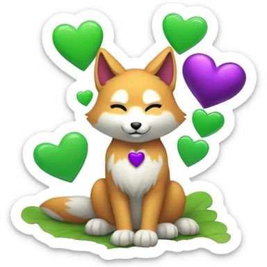 A Kitsune Holding a 3 Hearts, a Purple Heart, a Green Heart and a White Coloured Heart sticker
