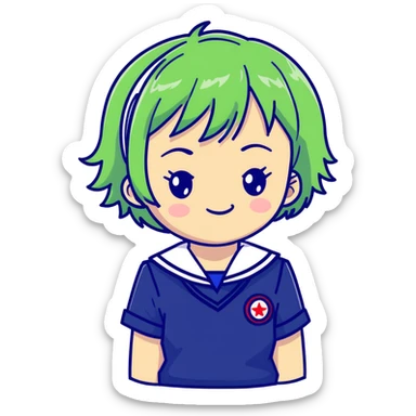 Mischievous anime girl with green short messy hair wearing Japanese sailor style school uniform, smirking and plotting, kawaii style sticker